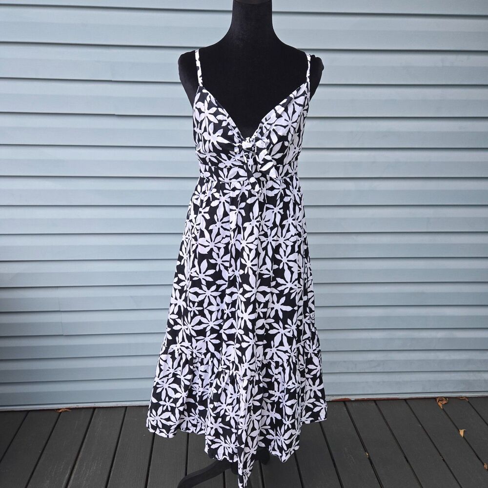 J.Crew Black White Floral Cotton Midi Dress Tie Front Keyhole Pockets Size 6